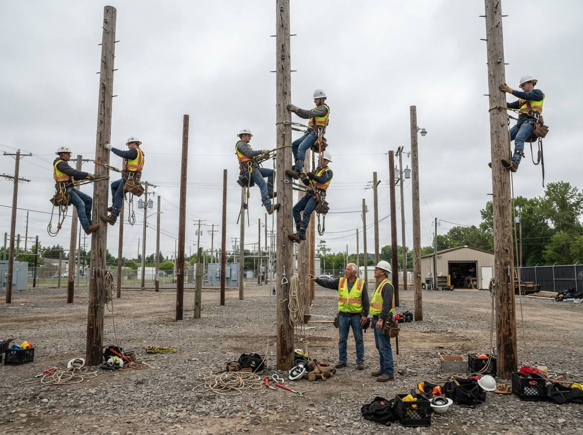 Apprentice linemen practice pole climbing techniques at an outdoor utility training facility.