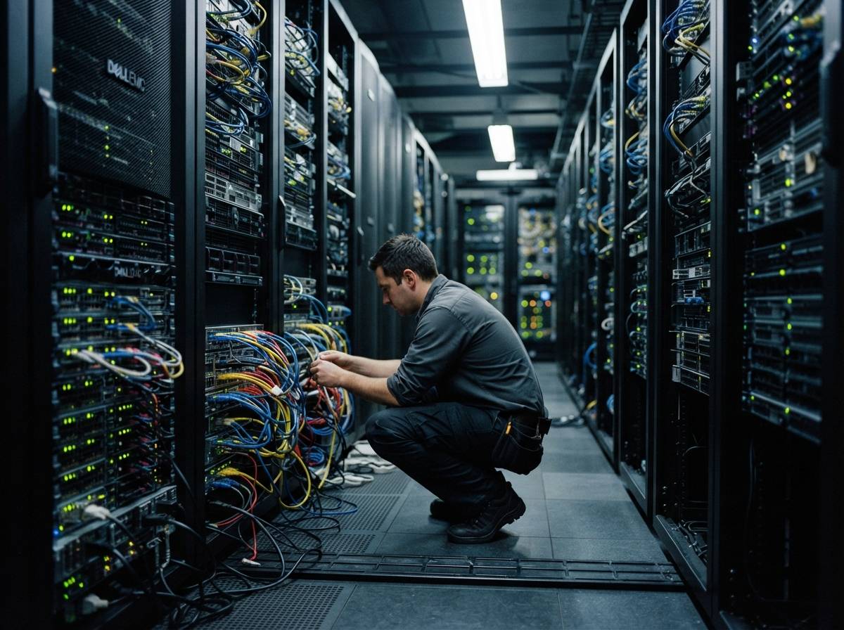 Close up of hands connecting fiber optic cables into a data center server rack patch panel.
