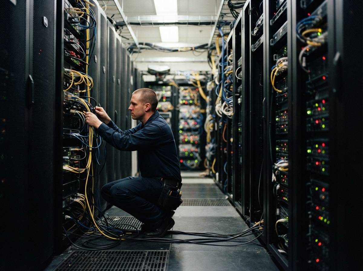 Close up of hands connecting fiber optic cables into a data center server rack.