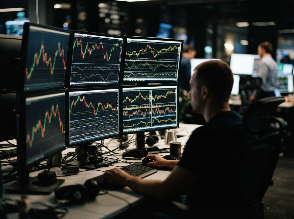 Close up of trading screens showing cryptocurrency price charts with a trader visible in the background.