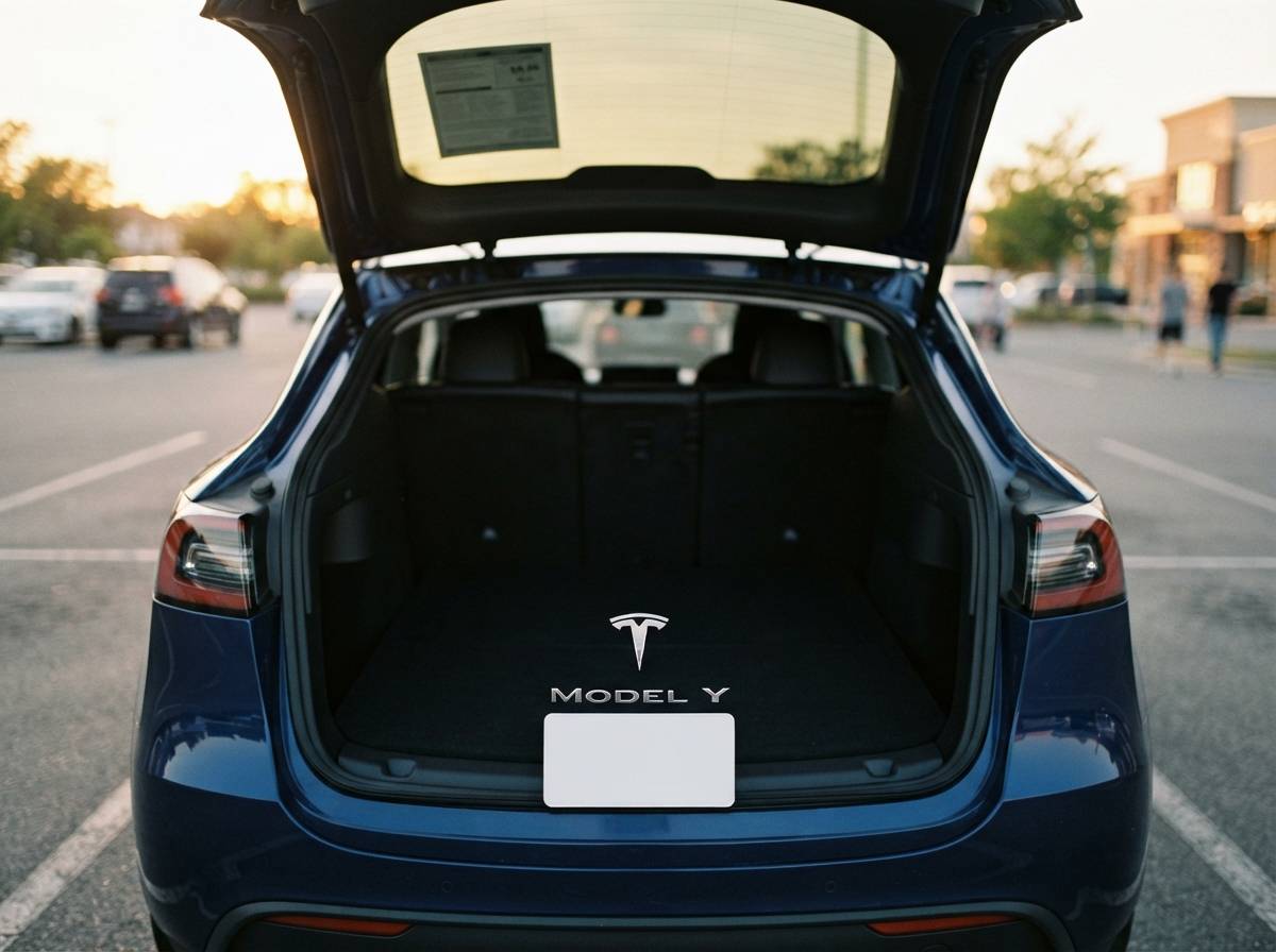 Close view of a Tesla Model Y L's trunk and folded third row seats in a parking lot near a charging station.