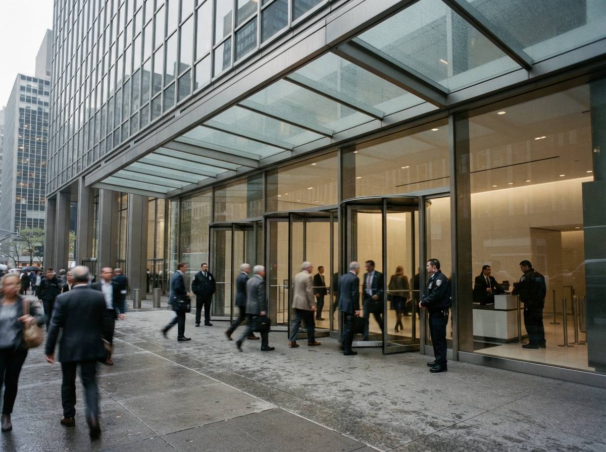 Employees and visitors entering the JPMorgan Chase headquarters building entrance.