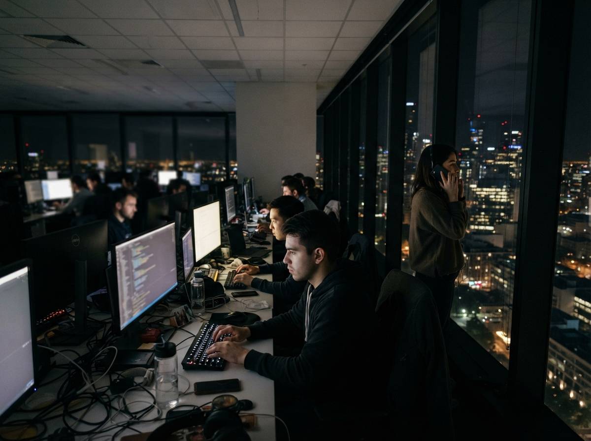 Employees exit an OpenAI office building at golden hour.