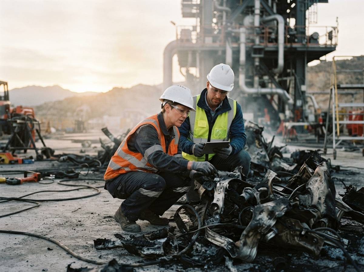 Engineers in hard hats inspect scorched debris near a rocket test stand after an explosion.