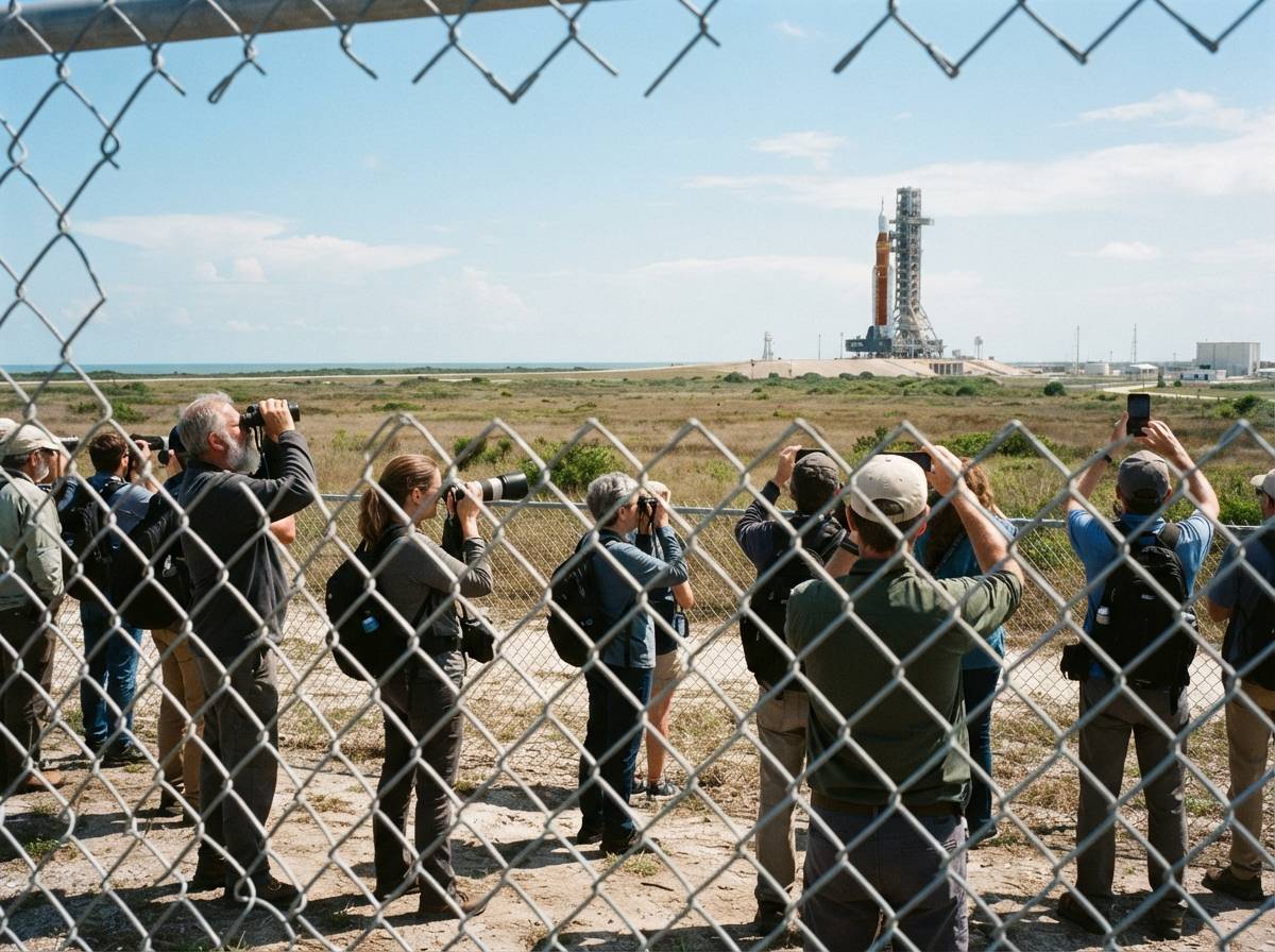 Engineers in safety gear examine equipment near a rocket booster at an outdoor test site.