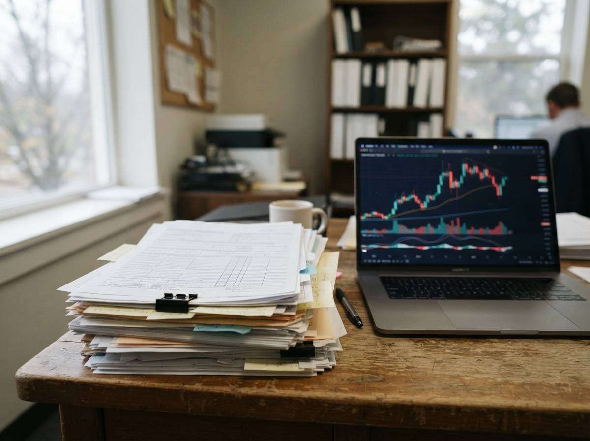 Financial disclosure paperwork sits beside a laptop displaying cryptocurrency charts on an office desk.