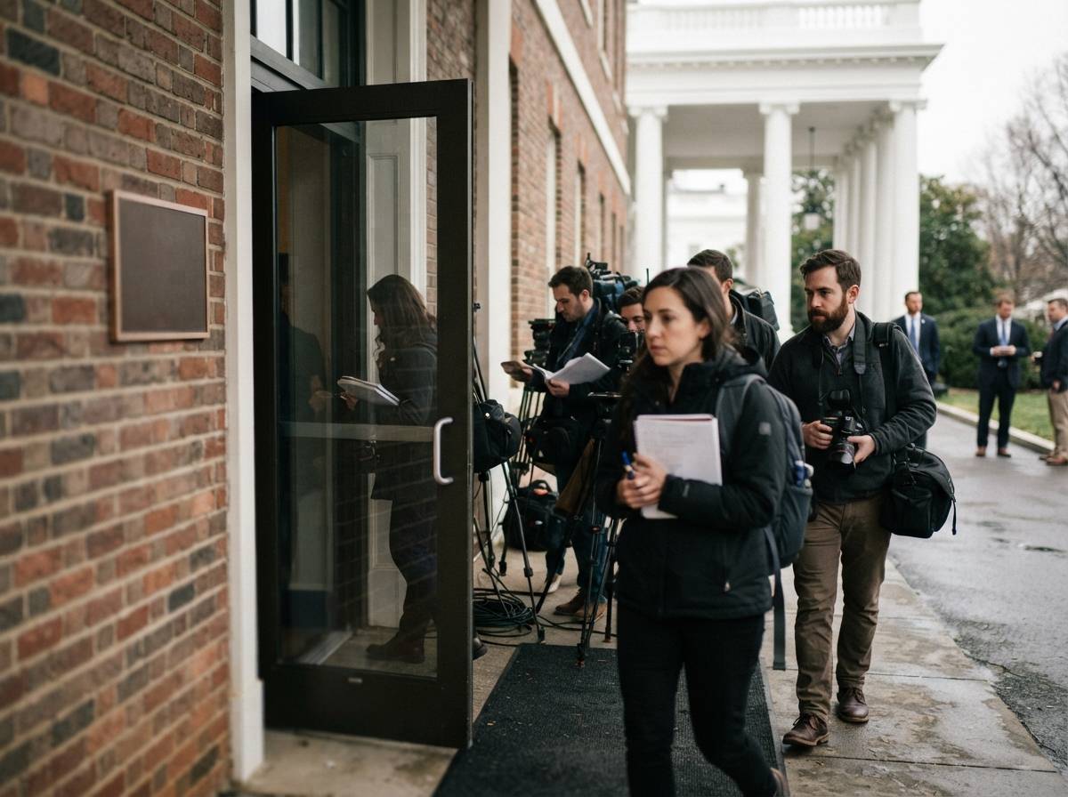 Journalists arrive at the White House press briefing room entrance carrying notebooks and cameras.