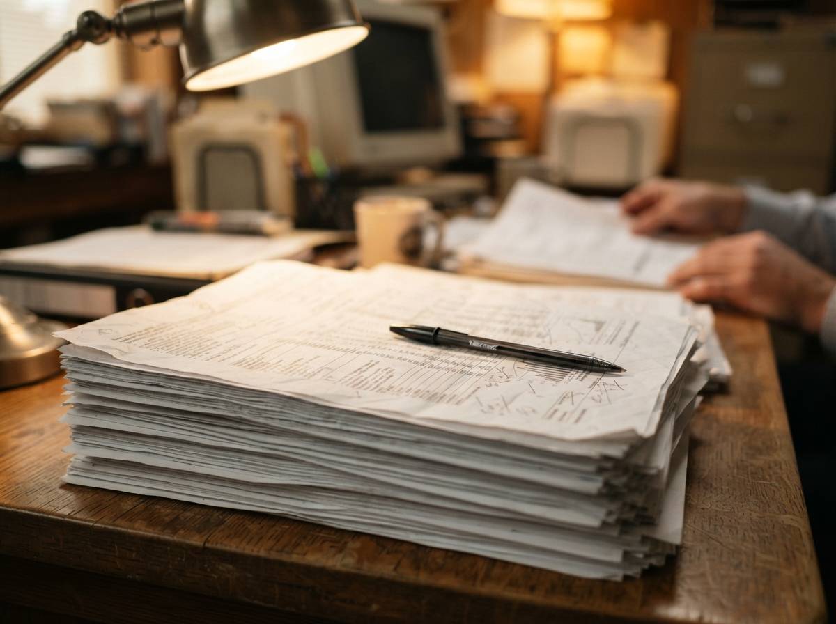 Stacks of printed financial disclosure documents sit on a desk beside a laptop.