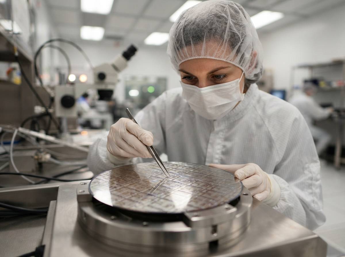 Technician in a cleanroom suit inspecting a silicon memory wafer under bright lighting.