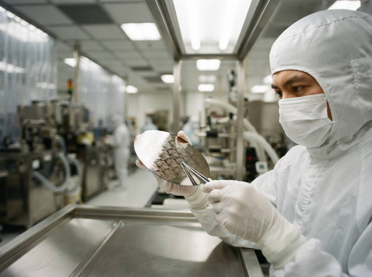 Technician in a cleanroom suit inspecting a silicon wafer inside a chip fabrication facility.
