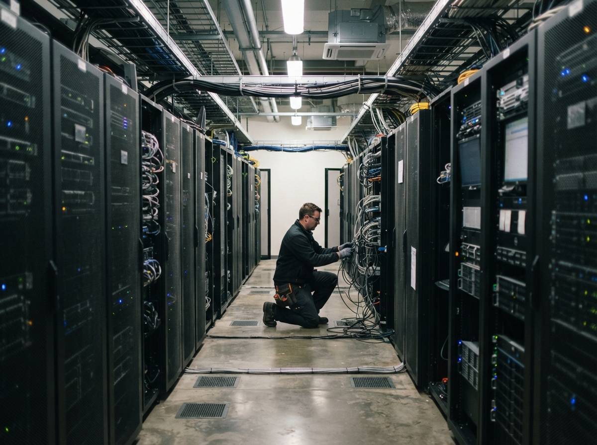 Technician inspecting server racks inside a data center used for AI infrastructure.
