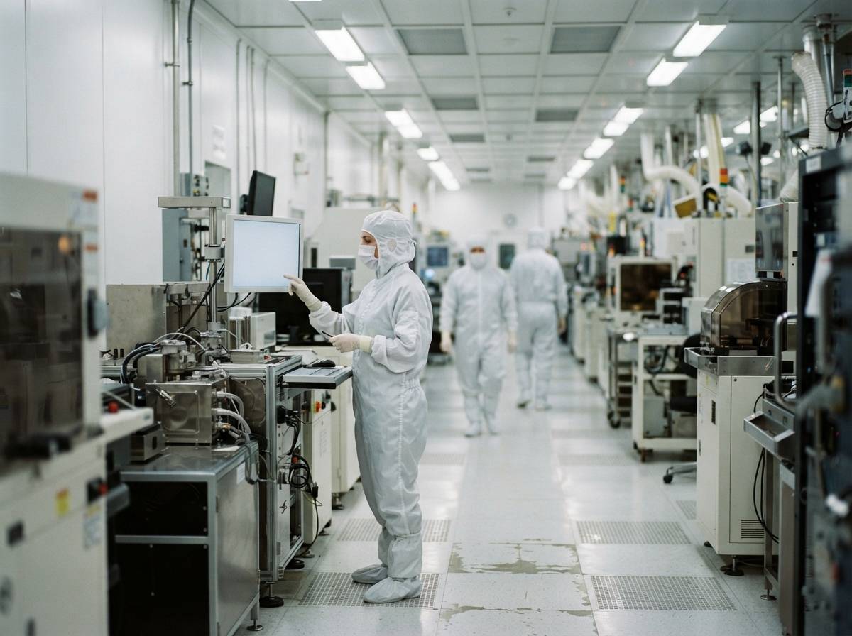 Technicians in cleanroom suits walking through a semiconductor fabrication facility with wafer processing equipment.