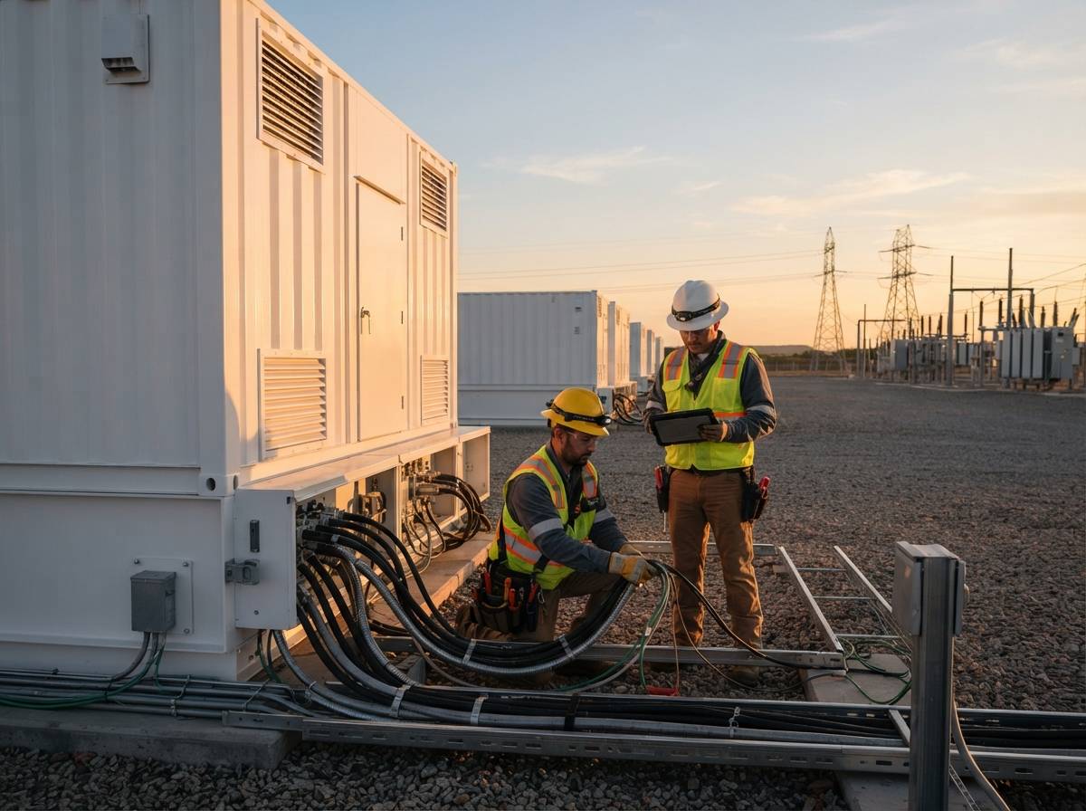 Technicians inspecting cabling near large white Tesla Megapack battery storage units at a grid facility during golden hour.