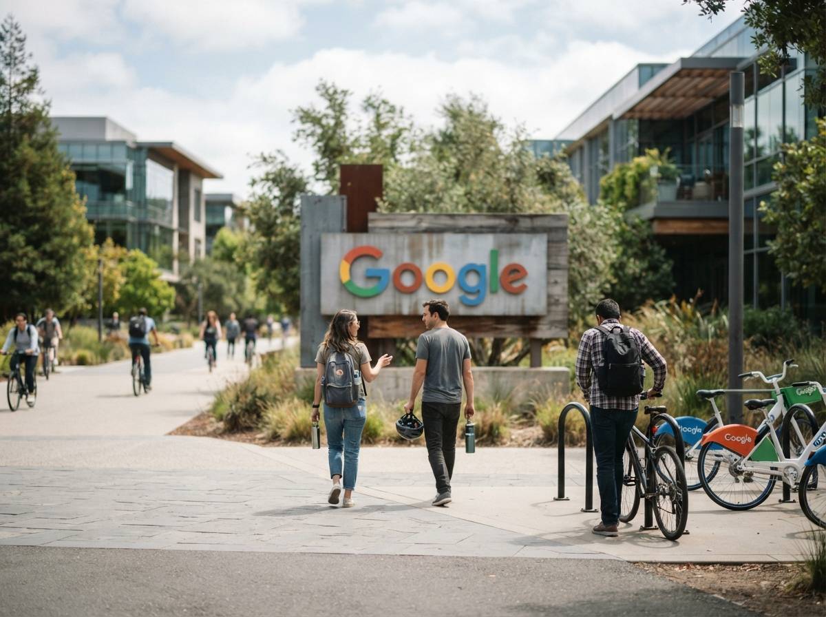 The Google company sign at its Mountain View campus entrance with employees walking nearby.