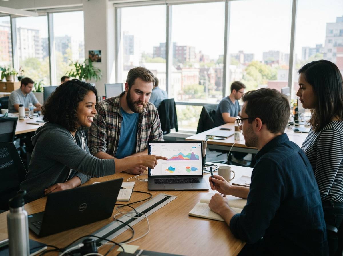 Two engineers discuss server infrastructure displayed on a monitor inside a glass walled office meeting room.