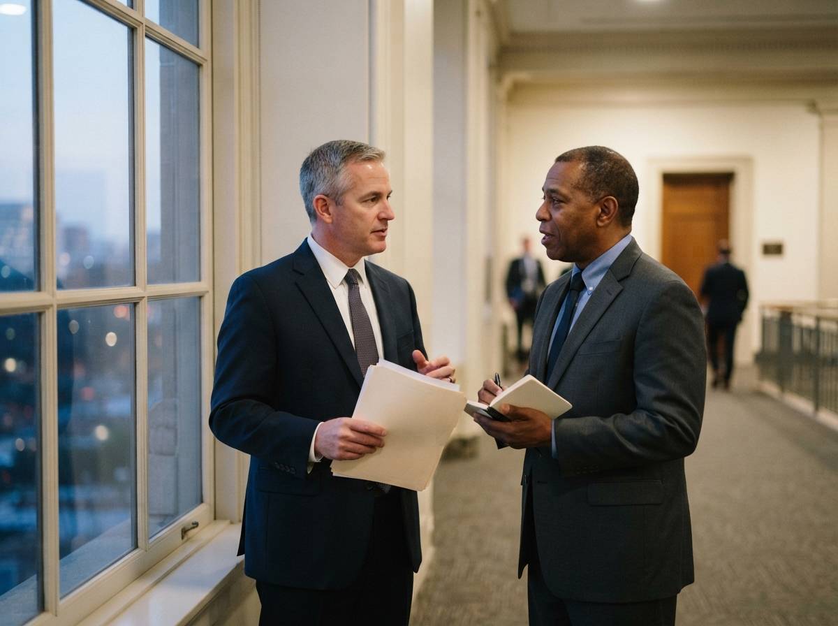 Two government officials talking in a hallway while holding documents during an evening meeting.